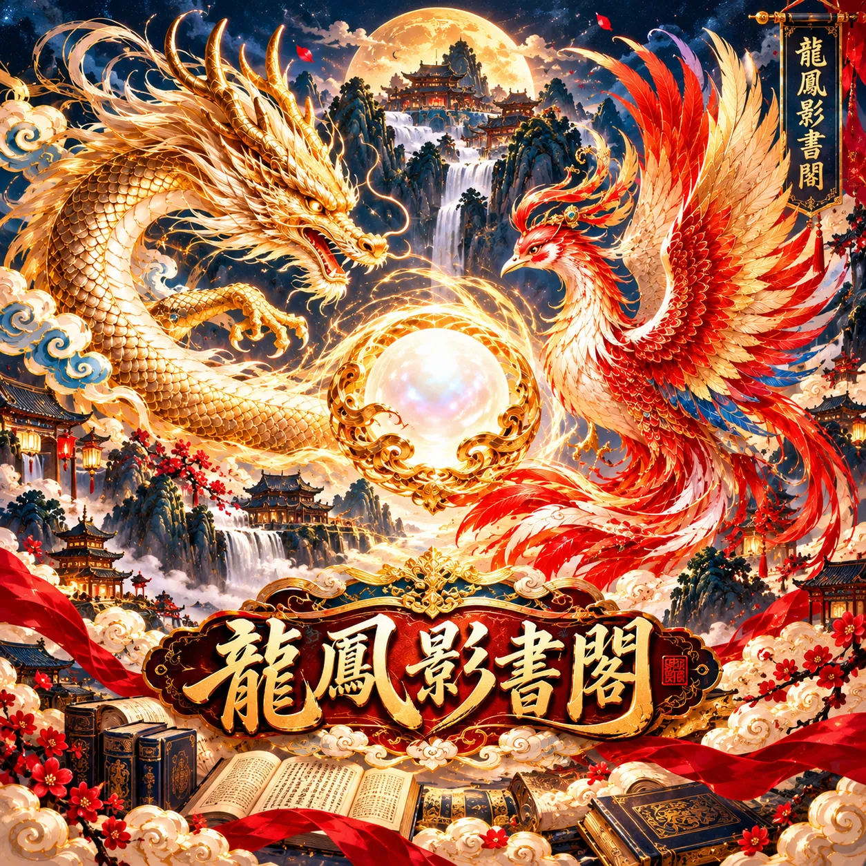 龍鳳朝珠:金龍與朱鳳環繞明珠的龍鳳影書閣品牌主視覺